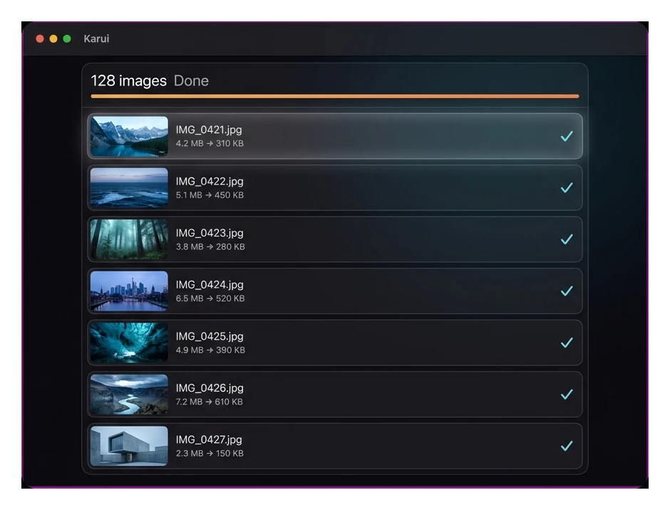 The Karui app batch-compressing 128 images at once, each with its size reduction