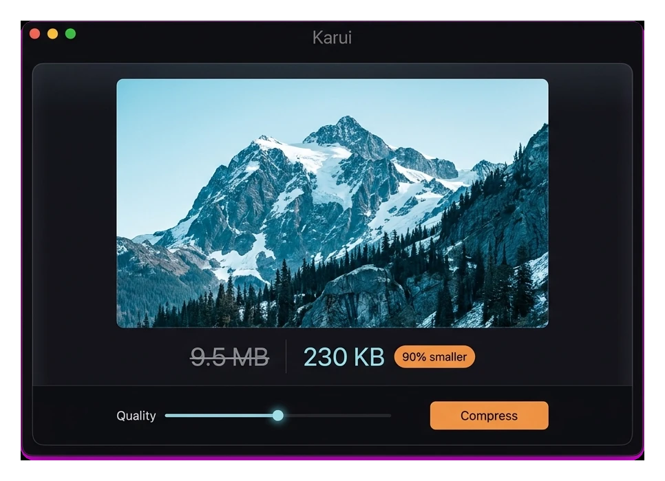 The Karui app compressing a 9.5 MB photo down to 230 KB, 90 percent smaller