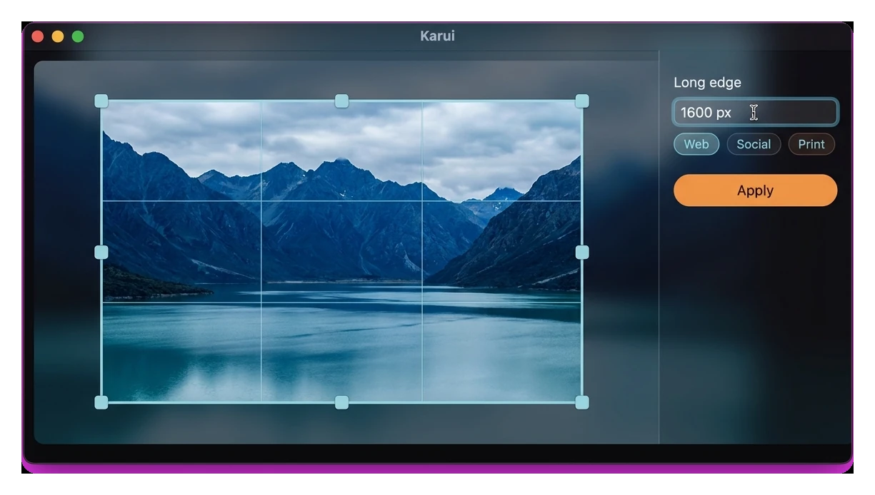 The Karui app cropping and resizing a photo to a 1600 px long edge