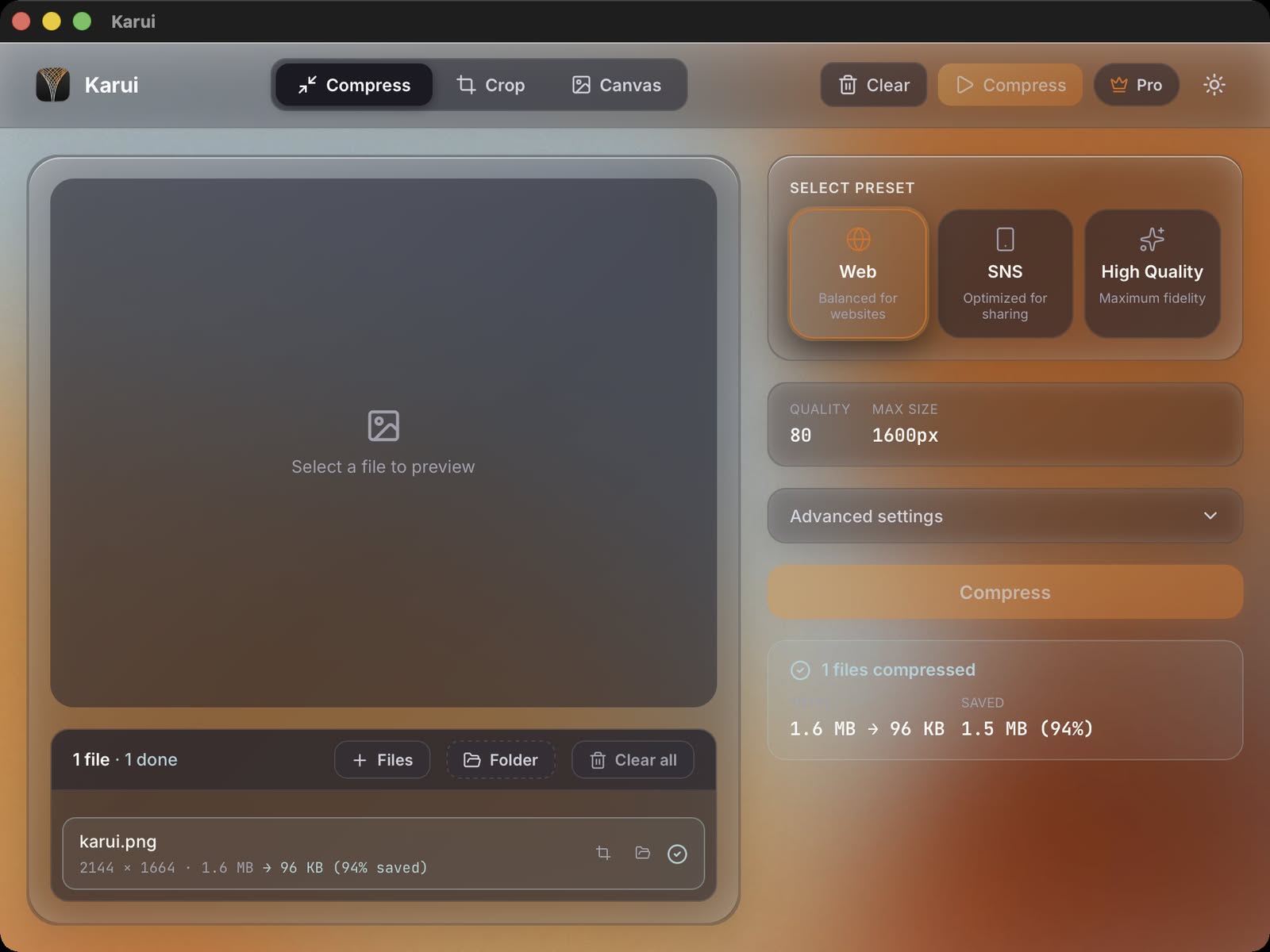 Karui app interface — image compressor and HEIC converter